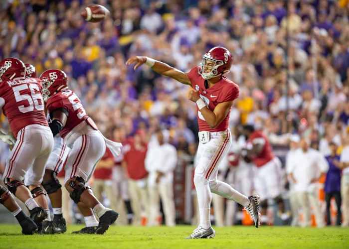 Alabama quarterback Bryce Young throws a pass as the LSU Tigers take down Alabama 32-31 at Tiger Stadium in Baton Rouge, Louisiana,Saturday, Nov. 5, 2022. Lsu Vs Alabama Football 2 1961